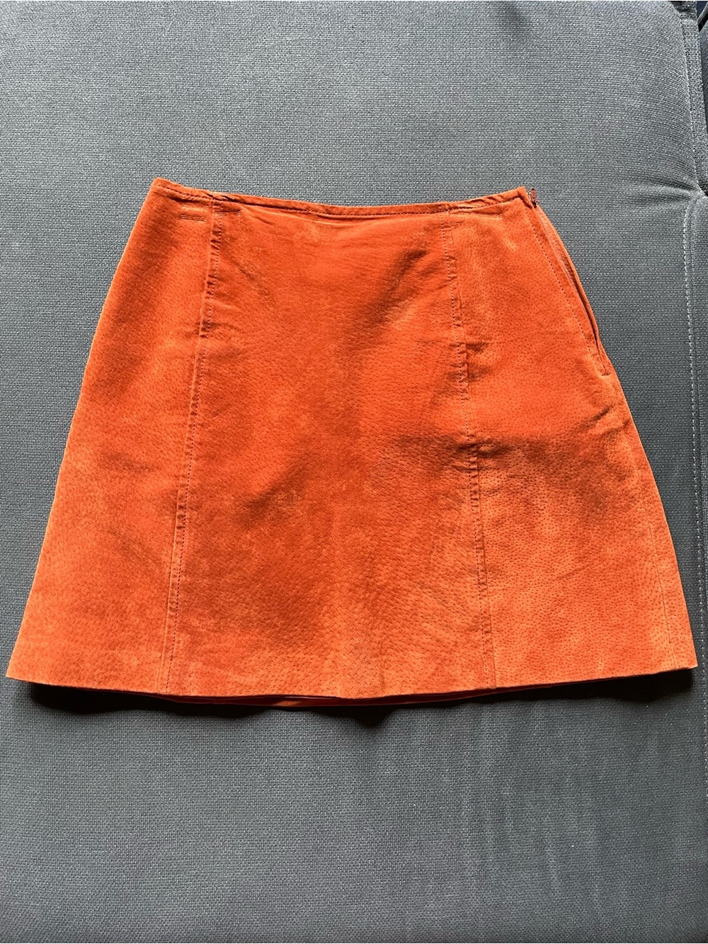 kathy ireland Burnt Orange 100% Genuine Leather Suede A-Line Mini Skirt Vintage